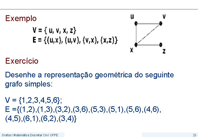 Exemplo Exercício Desenhe a representação geométrica do seguinte grafo simples: V = {1, 2,