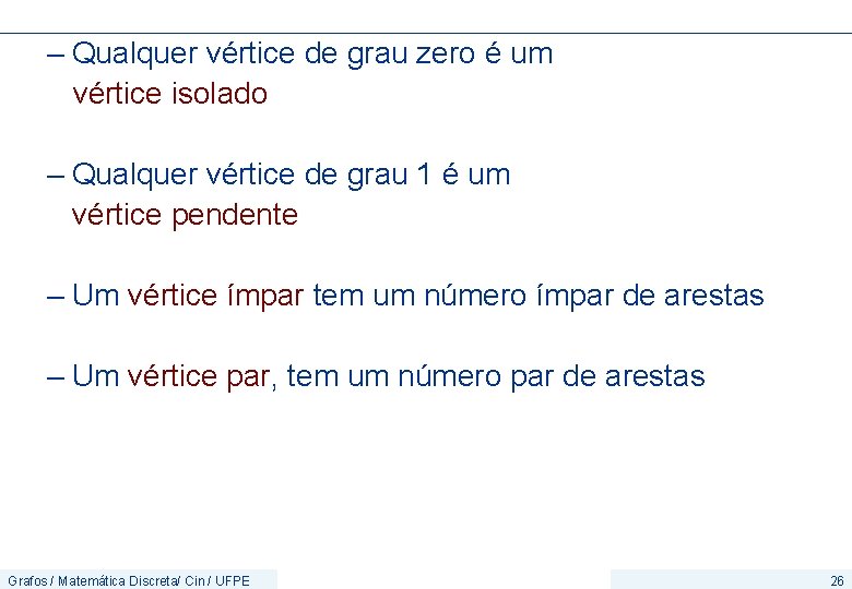 – Qualquer vértice de grau zero é um vértice isolado – Qualquer vértice de