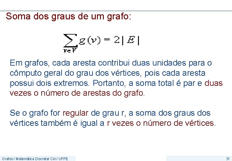 Soma dos graus de um grafo: Em grafos, cada aresta contribui duas unidades para