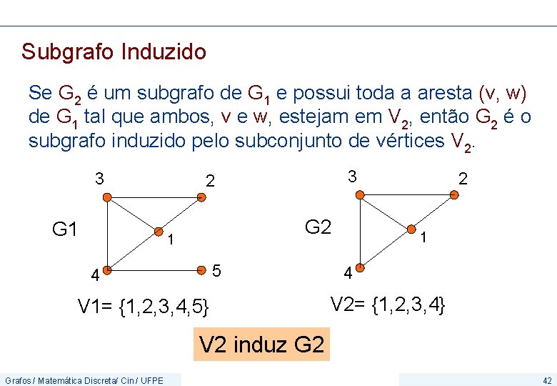 Subgrafo Induzido Se G 2 é um subgrafo de G 1 e possui toda