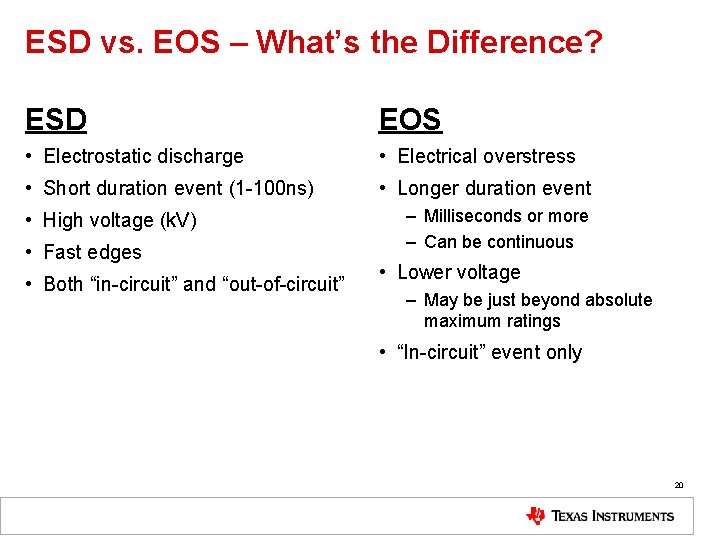 ESD vs. EOS – What’s the Difference? ESD EOS • Electrostatic discharge • Electrical