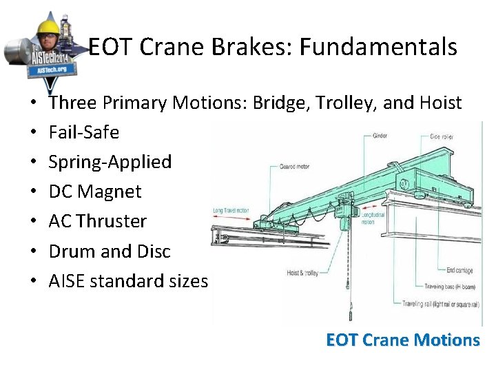  EOT Crane Brakes: Fundamentals • • Three Primary Motions: Bridge, Trolley, and Hoist