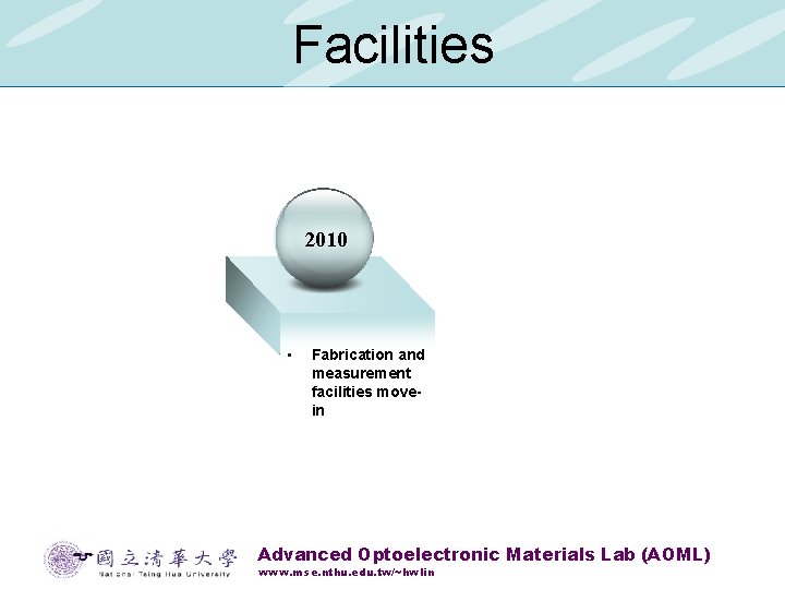 Facilities 2010 • Fabrication and measurement facilities movein Advanced Optoelectronic Materials Lab (AOML) www.