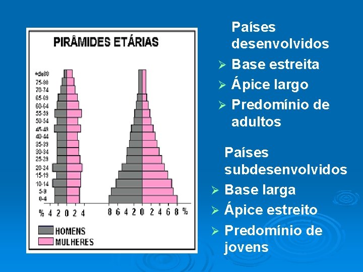 Países desenvolvidos Ø Base estreita Ø Ápice largo Ø Predomínio de adultos Países subdesenvolvidos