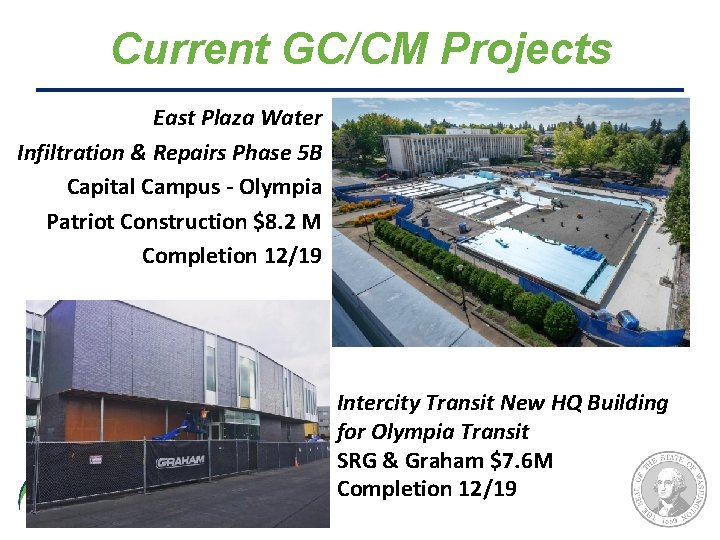 Current GC/CM Projects East Plaza Water Infiltration & Repairs Phase 5 B Capital Campus