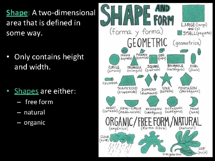 Shape: A two-dimensional area that is defined in some way. • Only contains height