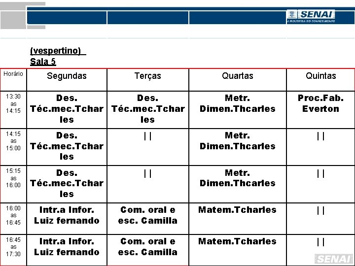 (vespertino) Sala 5 Horário Segundas Terças Quartas Quintas 13: 30 as 14: 15 Des.