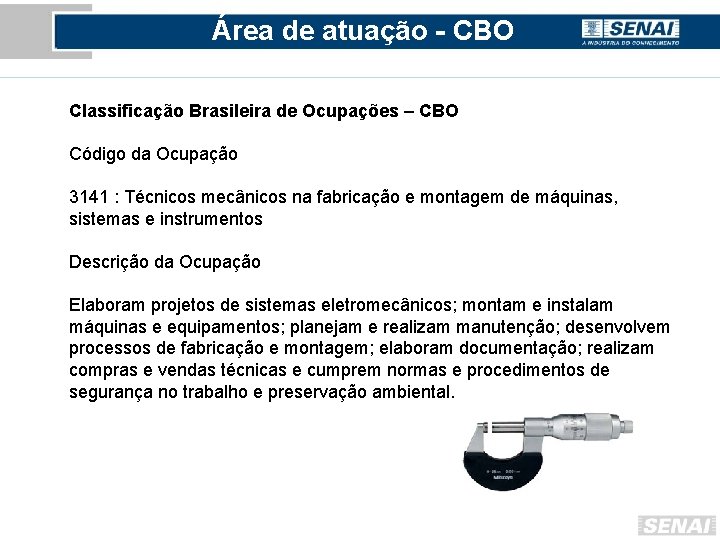 Área de atuação - CBO Classificação Brasileira de Ocupações – CBO Código da Ocupação