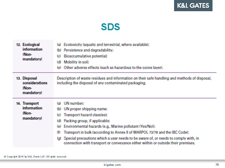 SDS © Copyright 2016 by K&L Gates LLP. All rights reserved. klgates. com 75