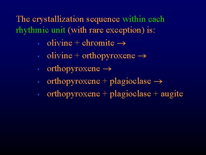 The crystallization sequence within each rhythmic unit (with rare exception) is: s olivine +