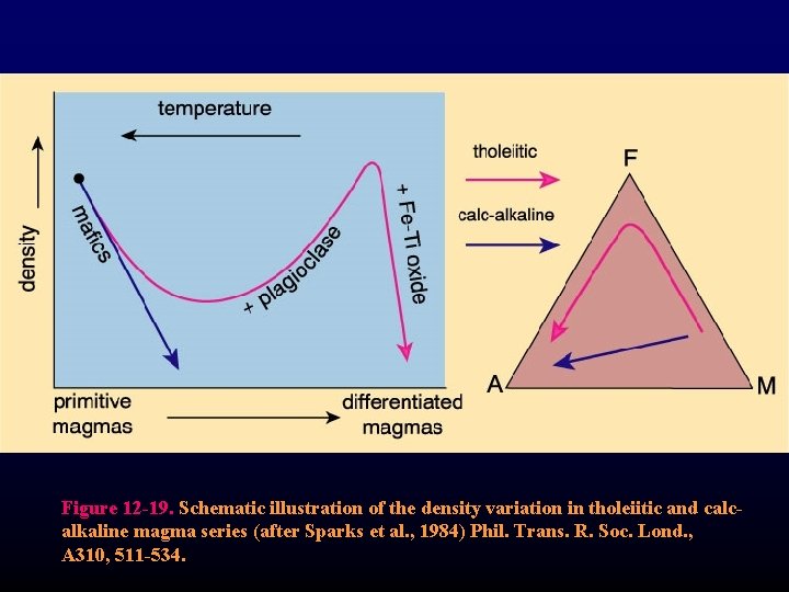 Figure 12 -19. Schematic illustration of the density variation in tholeiitic and calcalkaline magma