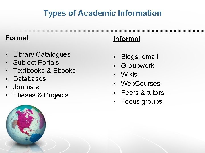 Types of Academic Information Formal Informal • • • Library Catalogues Subject Portals Textbooks