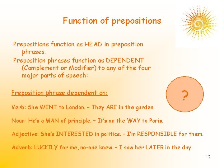 Function of prepositions Prepositions function as HEAD in preposition phrases. Preposition phrases function as