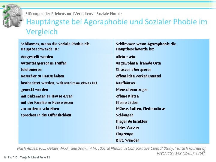 Störungen des Erlebens und Verhaltens – Soziale Phobie Hauptängste bei Agoraphobie und Sozialer Phobie
