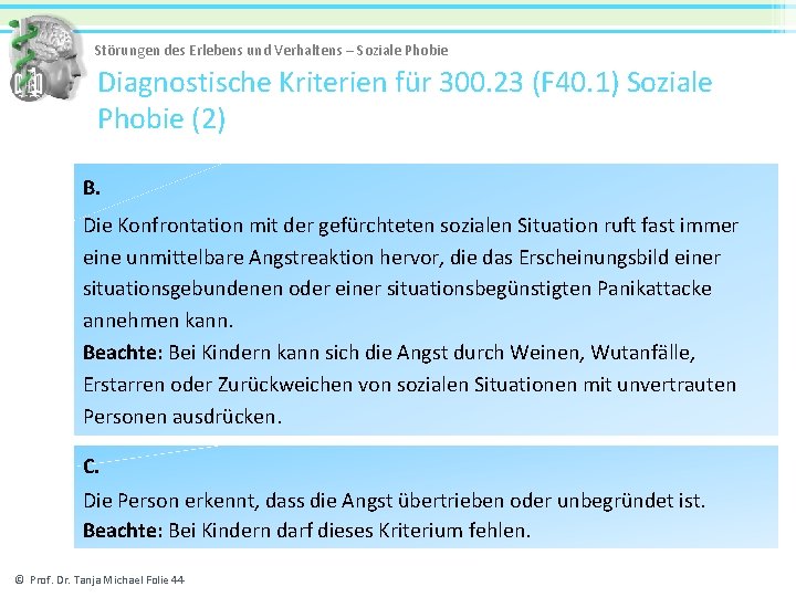 Störungen des Erlebens und Verhaltens – Soziale Phobie Diagnostische Kriterien für 300. 23 (F