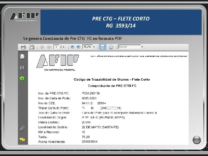 PRE CTG – FLETE CORTO RG 3593/14 Se genera Constancia de Pre CTG FC