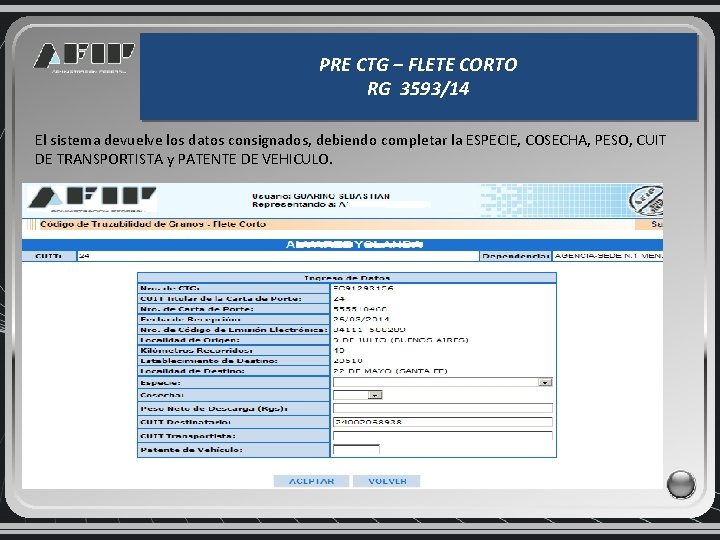 PRE CTG – FLETE CORTO RG 3593/14 El sistema devuelve los datos consignados, debiendo