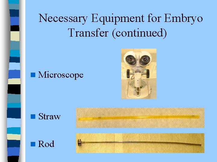  Necessary Equipment for Embryo Transfer (continued) n Microscope n Straw n Rod 