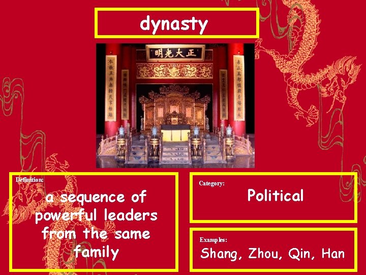 dynasty Definition: a sequence of powerful leaders from the same family Category: Political Examples: