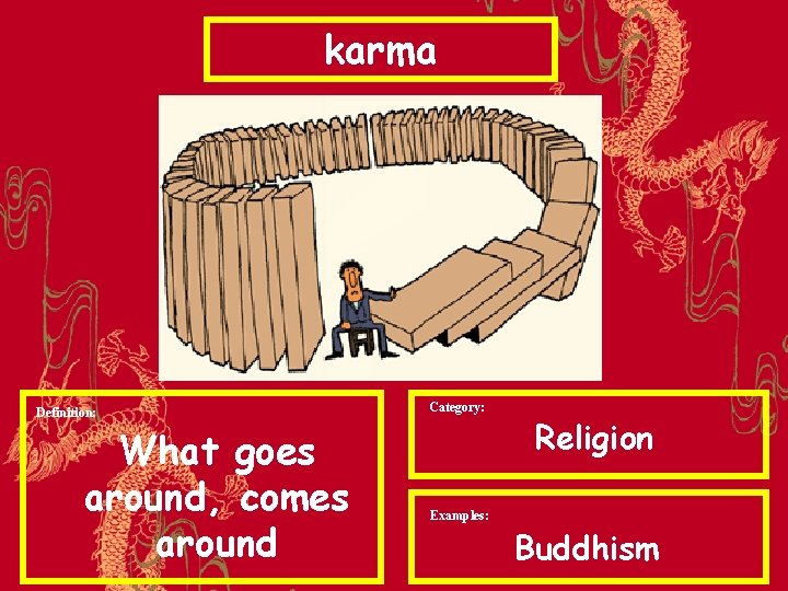 karma Definition: What goes around, comes around Category: Examples: Religion Buddhism 