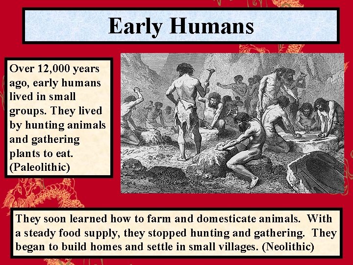 Early Humans Over 12, 000 years ago, early humans lived in small groups. They