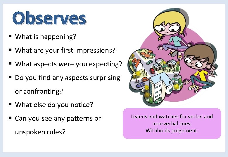 Observes § What is happening? § What are your first impressions? § What aspects