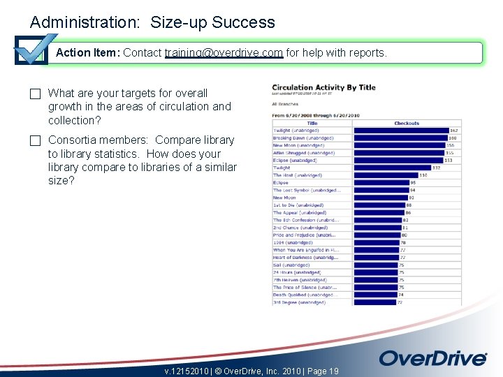 Administration: Size-up Success Action Item: Contact training@overdrive. com for help with reports. c What