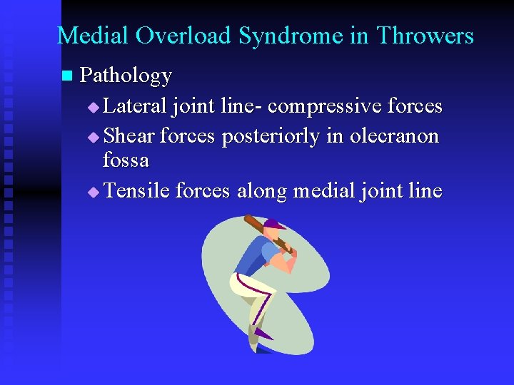 Medial Overload Syndrome in Throwers n Pathology u Lateral joint line- compressive forces u