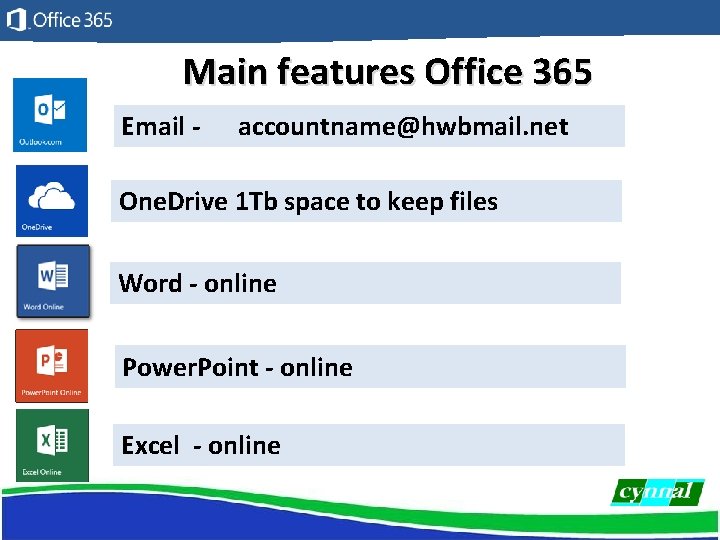 Main features Office 365 Email - accountname@hwbmail. net One. Drive 1 Tb space to