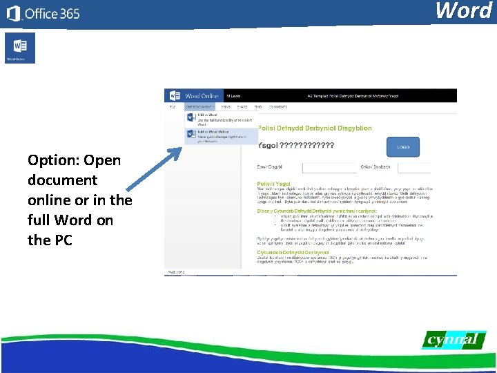 Word Option: Open document online or in the full Word on the PC 