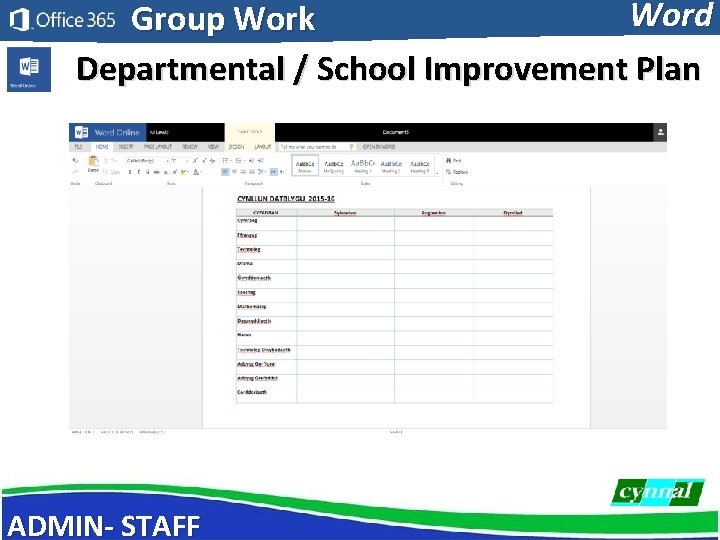 Word Group Work Departmental / School Improvement Plan ADMIN- STAFF 