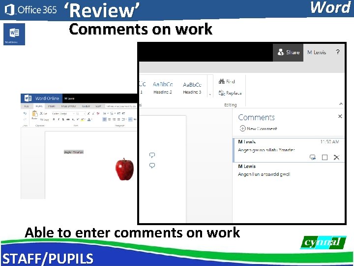 ‘Review’ Comments on work Able to enter comments on work STAFF/PUPILS Word 