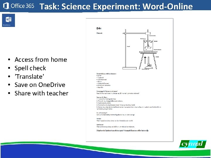 Task: Science Experiment: Word-Online • • • Access from home Spell check 'Translate' Save