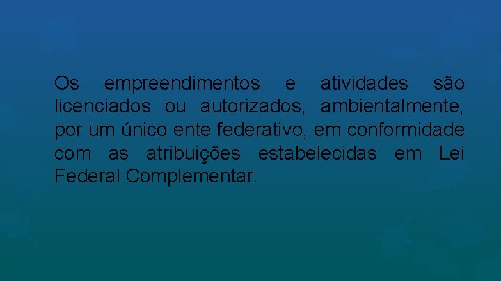 Os empreendimentos e atividades são licenciados ou autorizados, ambientalmente, por um único ente federativo,