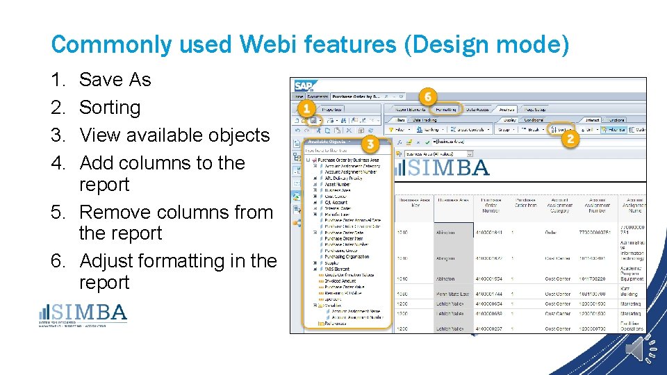 Commonly used Webi features (Design mode) 1. 2. 3. 4. Save As Sorting View