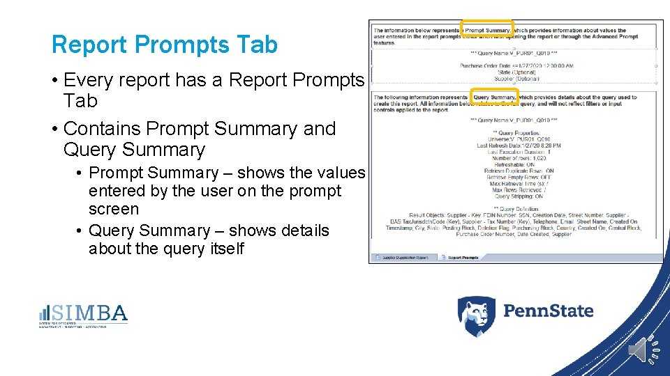 Report Prompts Tab • Every report has a Report Prompts Tab • Contains Prompt