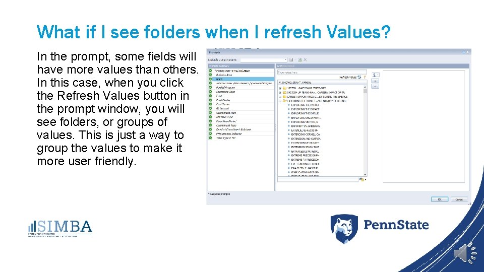 What if I see folders when I refresh Values? In the prompt, some fields