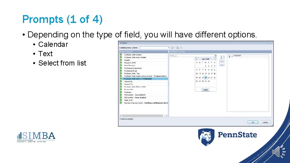 Prompts (1 of 4) • Depending on the type of field, you will have