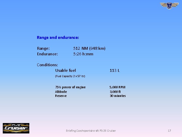 Range and endurance: Range: Endurance: 512 NM (948 km) 5: 26 h: mm Conditions: