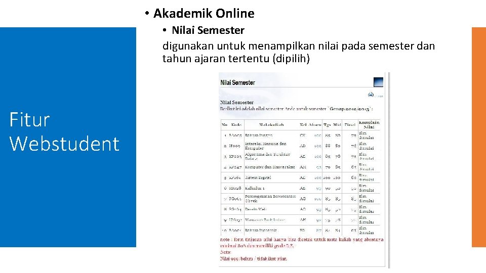  • Akademik Online • Nilai Semester digunakan untuk menampilkan nilai pada semester dan