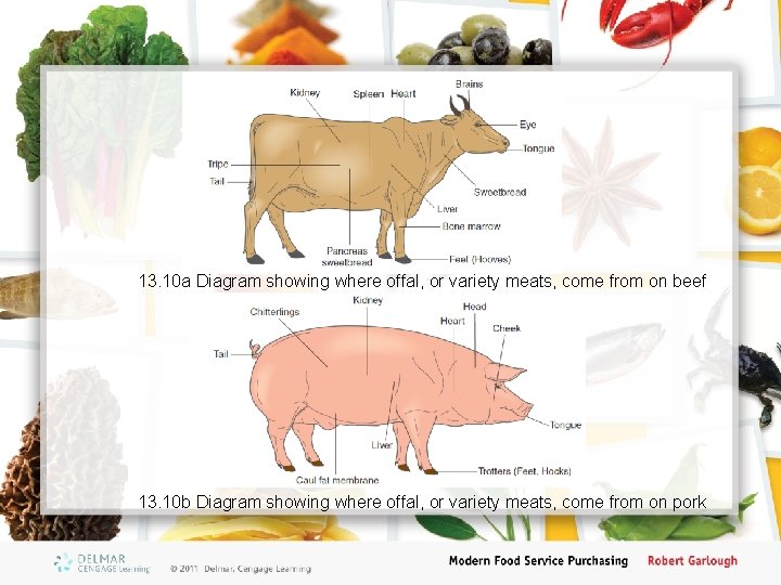 13. 10 a Diagram showing where offal, or variety meats, come from on beef