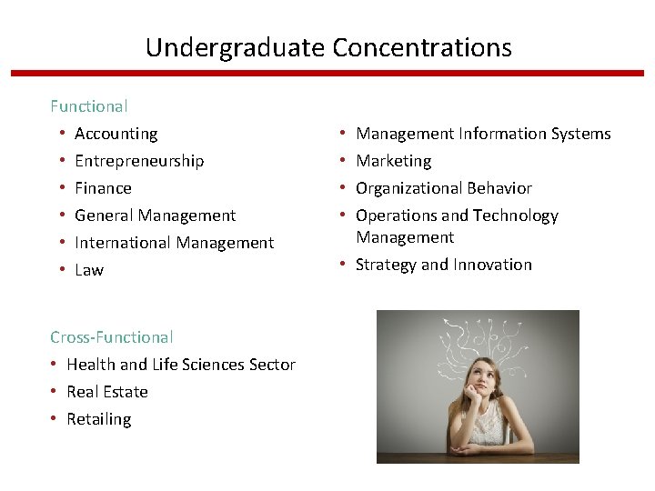 Undergraduate Concentrations Functional • • • Accounting Entrepreneurship Finance General Management International Management Law