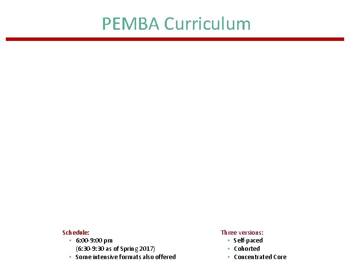PEMBA Curriculum Schedule: • 6: 00 -9: 00 pm (6: 30 -9: 30 as