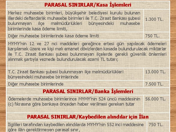 PARASAL SINIRLAR/Kasa İşlemleri Merkez muhasebe birimleri, büyükşehir belediyesi kurulu bulunan illerdeki defterdarlık muhasebe birimleri