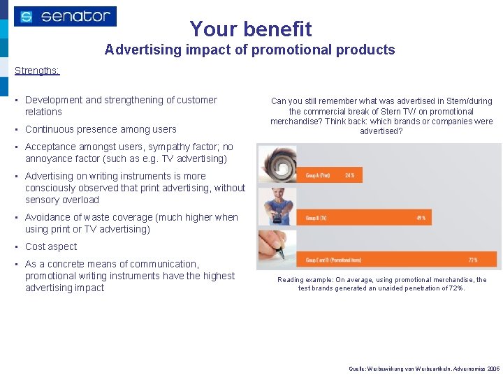 Your benefit Advertising impact of promotional products Strengths: • Development and strengthening of customer