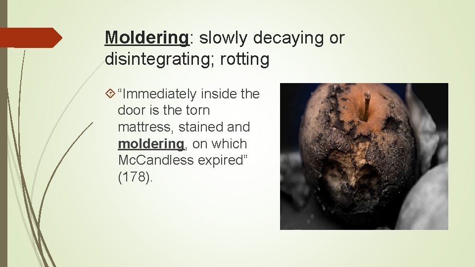 Moldering: slowly decaying or disintegrating; rotting “Immediately inside the door is the torn mattress,