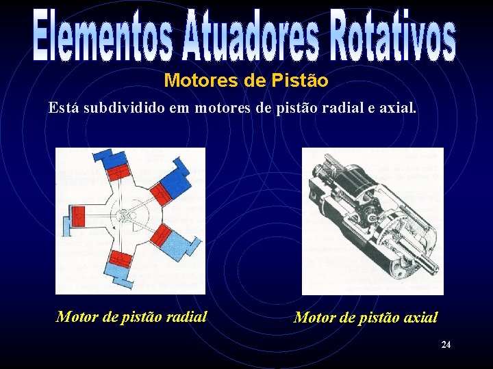 Motores de Pistão Está subdividido em motores de pistão radial e axial. Motor de