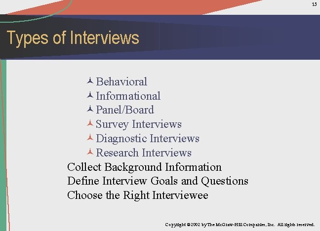 15 Types of Interviews ©Behavioral ©Informational ©Panel/Board ©Survey Interviews ©Diagnostic Interviews ©Research Interviews Collect