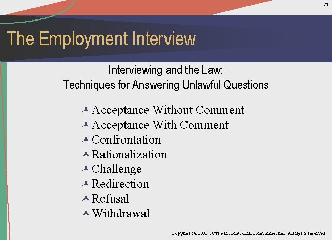 21 The Employment Interviewing and the Law: Techniques for Answering Unlawful Questions ©Acceptance Without