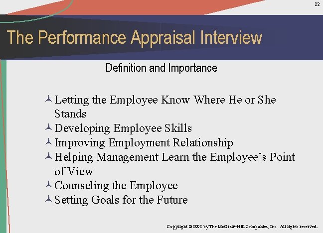 22 The Performance Appraisal Interview Definition and Importance ©Letting the Employee Know Where He